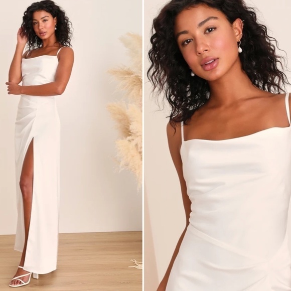 LULU's Bridal Modern Sexy Satin Classic Minimalist Mermaid Trumpet Maxi Gown - Picture 3 of 3